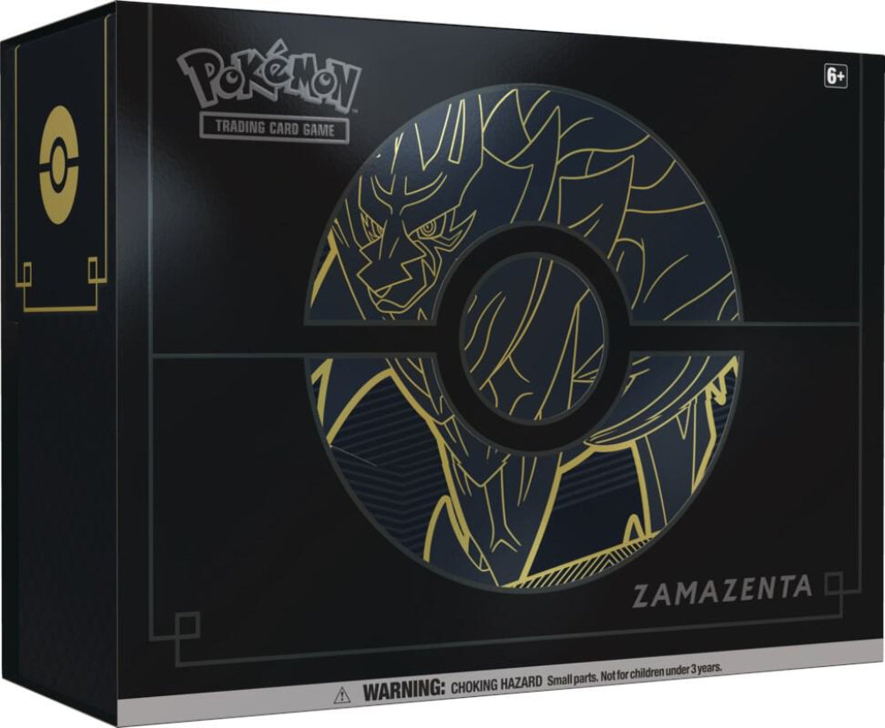 « Elite Trainer Box (ETB) Zamazenta – Pokémon TCG Épée & Bouclier. Boîte collector scellée neuve avec illustration dynamique de Zamazenta en position de combat, bouclier massif bleu et doré. Contient 10 boosters, sleeves et accessoires exclusifs. »